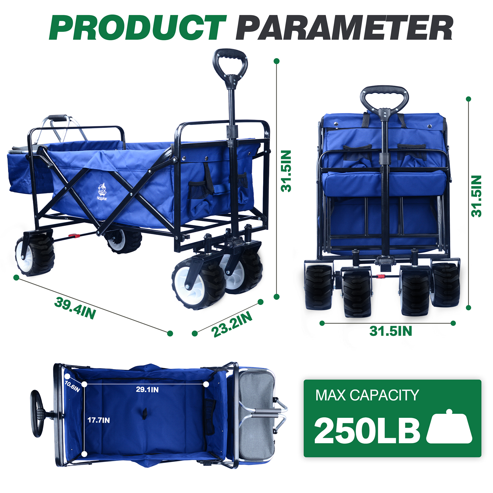 Collapsible Beach Wagon with Cooler Bag, Wheels. Sturdy Frame Construction Equipped with heavy duty 2.4mm thickness metal frame to load up to 350LBS, 600D oxford fabric is waterproof , sturdy, easy to clean. The enlarged storage space: 39.4