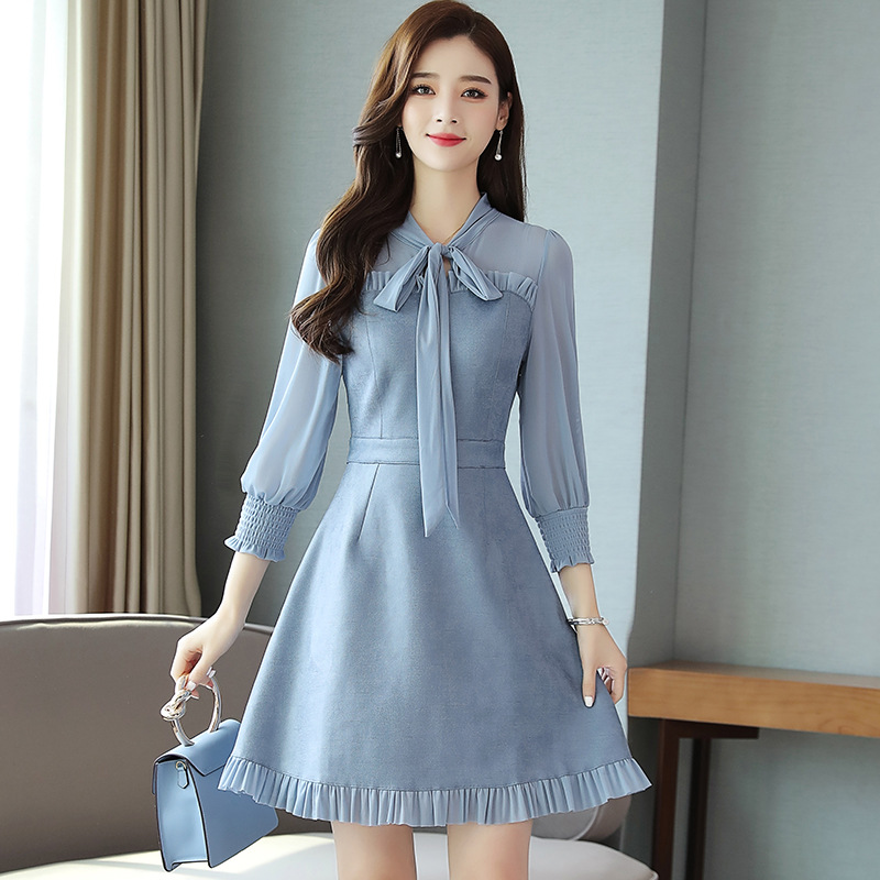 Lace-up Bow-knot Lantern Sleeves Waist Slimming Dress