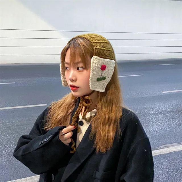 Handmade Knitted Lace up Ear Warmer Girl Earmuffs Autumn And Winter Olive Green - Shop at LoveMi