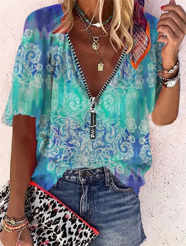 Printed Short sleeved Zipper Pullover Loose T Shirt Women Blue - Shop at LoveMi