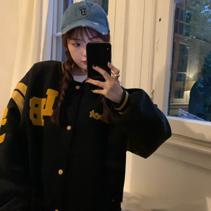 Women's Loose All Match Baseball Uniform Thickened Fleece Sweater Jacket