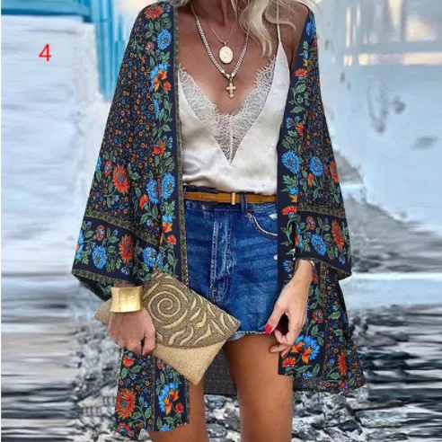 Casual Resort Doll Sleeve Cardigan Print Top Cardigan 4Color - Shop at LoveMi