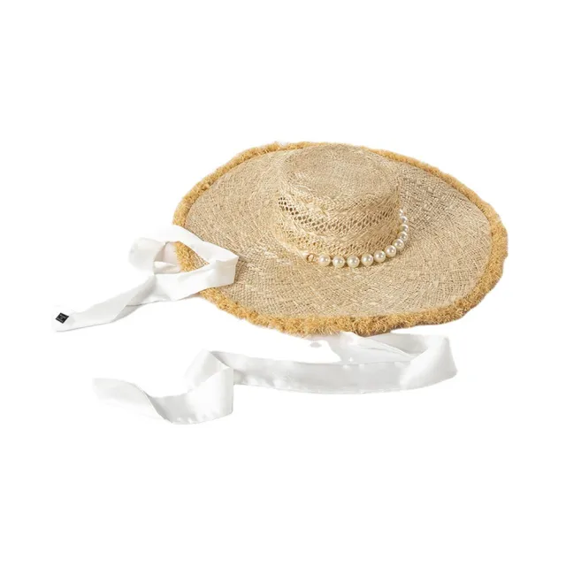 Pearl Strap Frosted Edge Large Eaves Hand Braided Straw Beach Sun Visor Hat Natural Color - Shop at LoveMi