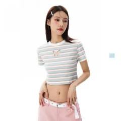 Slimming Special-interest Fashion Brand Striped Short Sleeve Butterfly Design Short T-shirt - White - View 1