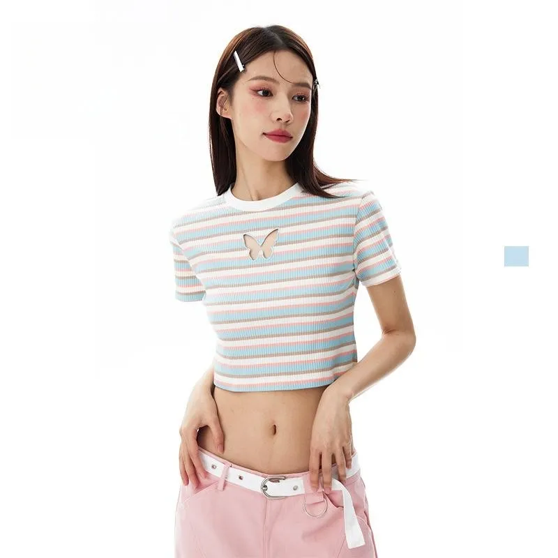 Slimming Special-interest Fashion Brand Striped Short Sleeve Butterfly Design Short T-shirt - Water Blue White