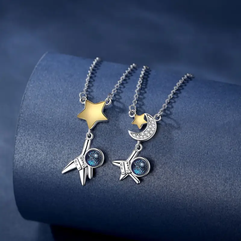 Astronaut Couple Necklace Set with Star and Moon Pendants
