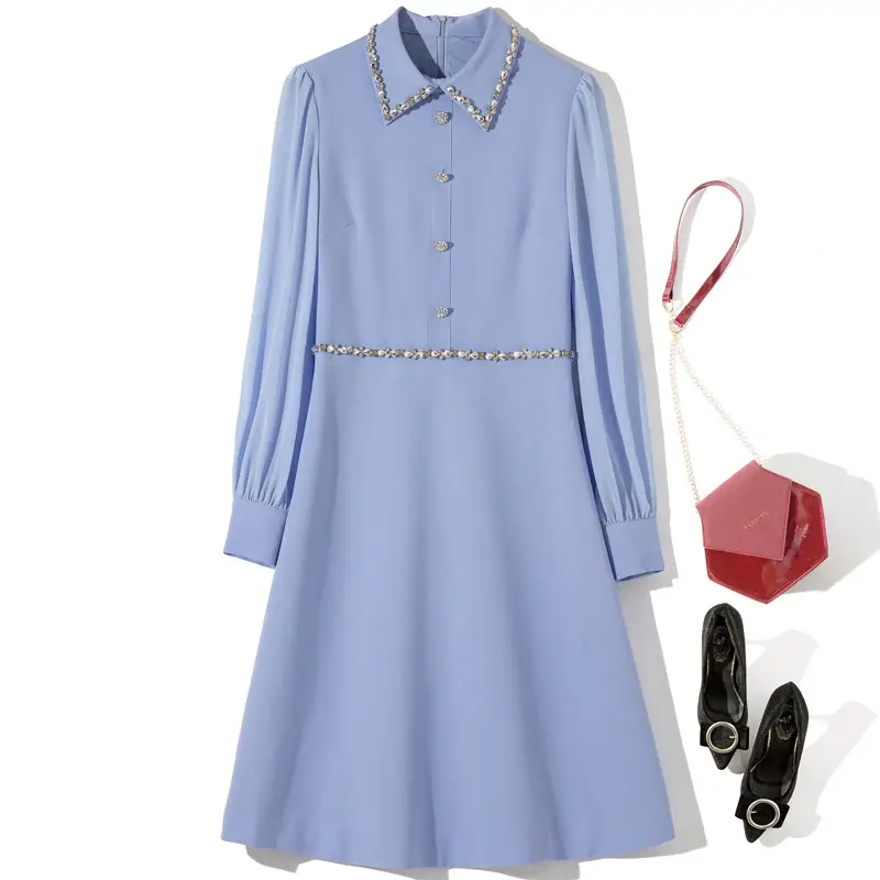 Spring New Collar Waist Hand Beaded Long Sleeve Dress