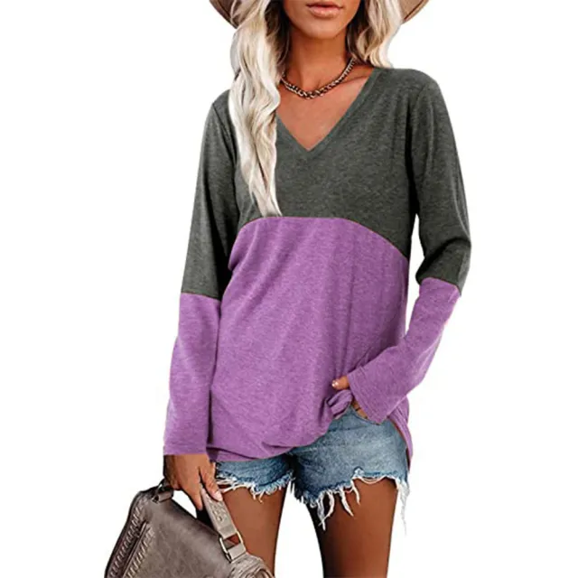 Contrast Panel V Neck Long Sleeve Loose Blouse Purple - Shop at LoveMi