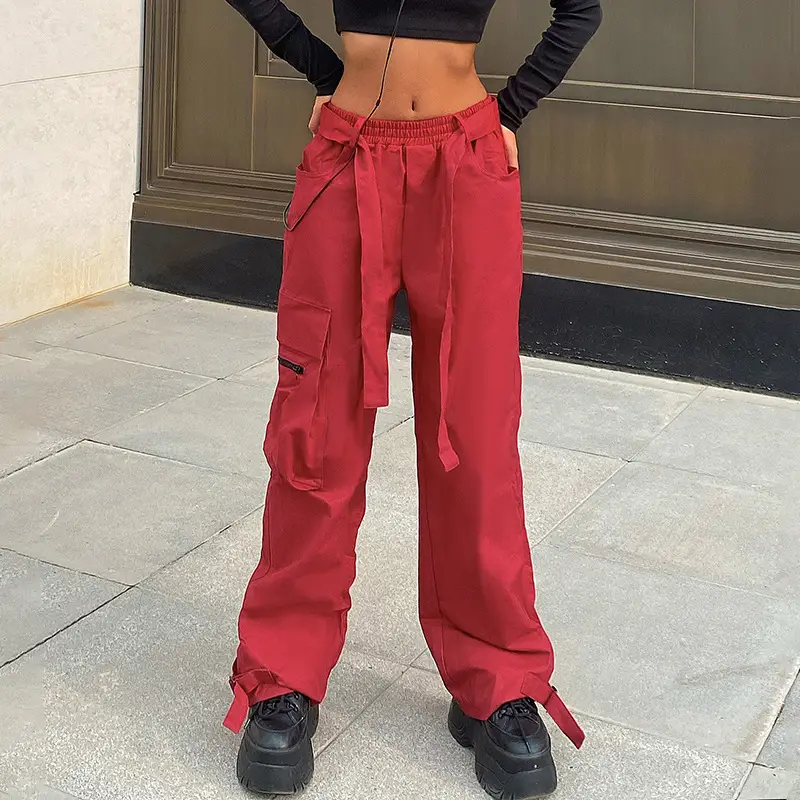 Hip Hop Wide Belted Red Cargo Pants