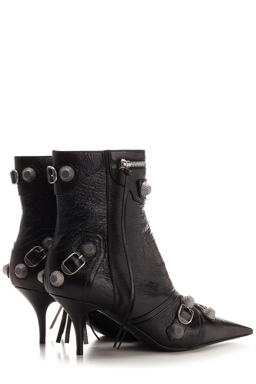 Pointed Toe Side Zipper Metal Stud Biker Booties