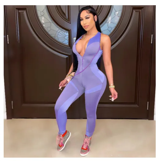 Cross Border Tight Camisole Smocked Yoga Jumpsuit Purple - Shop at LoveMi