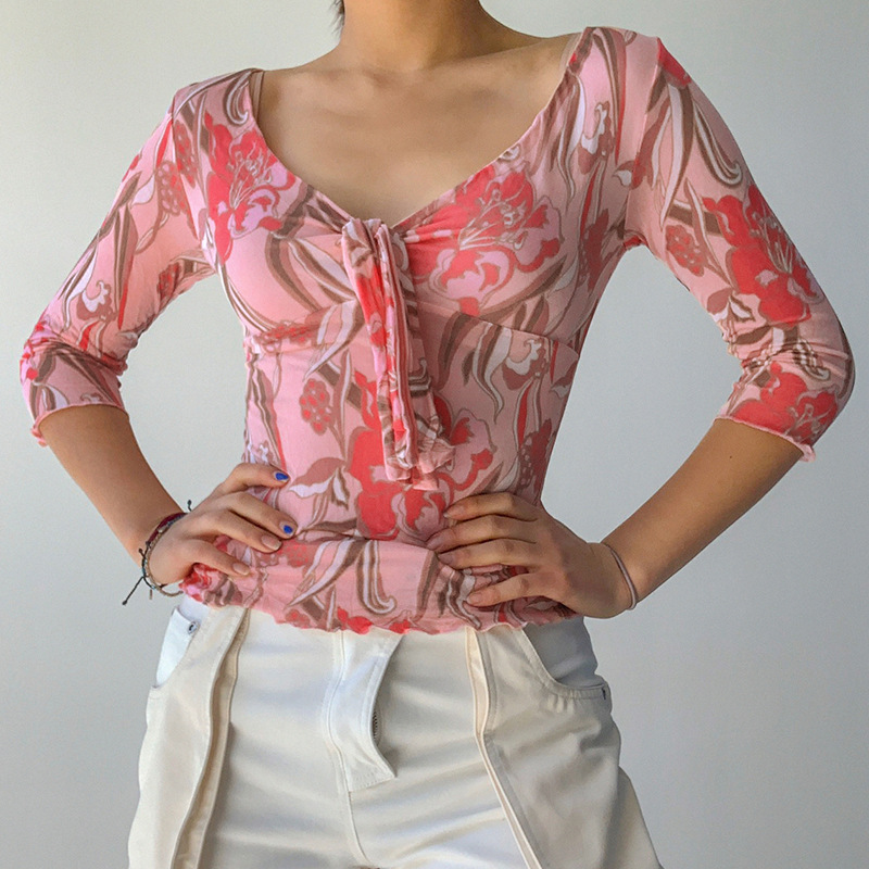 Early Autumn V-neck Tie Flower Print Blouse