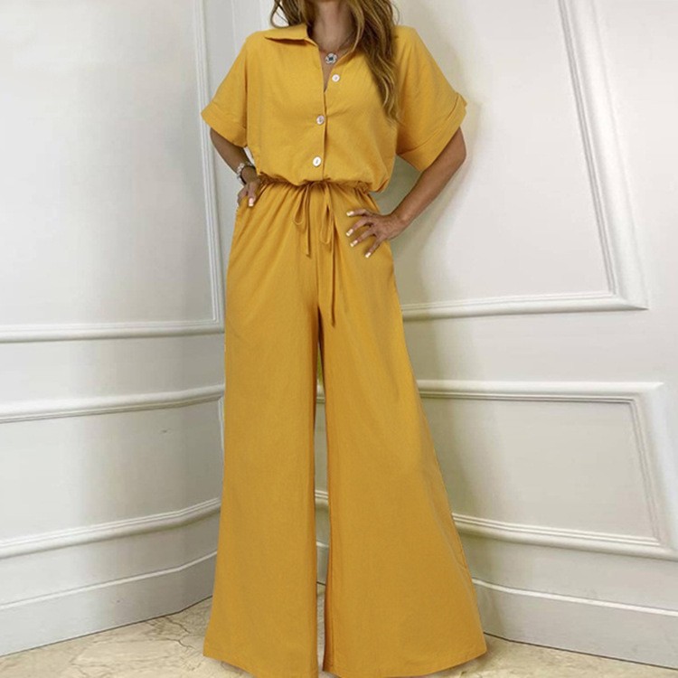 Turnover Collar High Waist Wide Leg Jumpsuit Work Suit