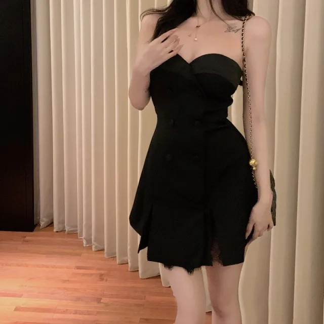 Women's Summer French Lace Stitching Tube Top Dress Black - Shop at LoveMi