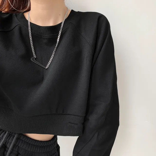 Sports Style Loose Pullover Sweater Women's Niche Casual T shirt High waist Cropped Long sleeved Top Black - Shop at LoveMi