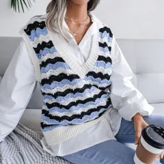 Round Neck Hollow Leaf Casual Knitted Vest Sweater - A Blue - View 1
