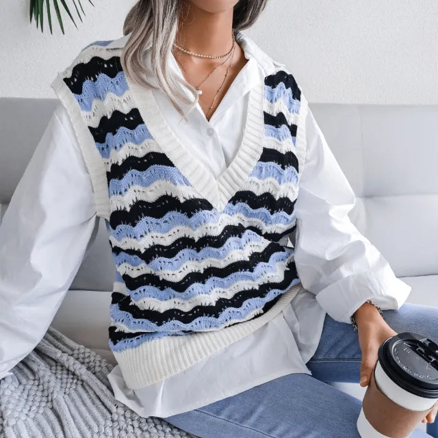 Round Neck Hollow Leaf Casual Knitted Vest Sweater A Blue - Shop at LoveMi