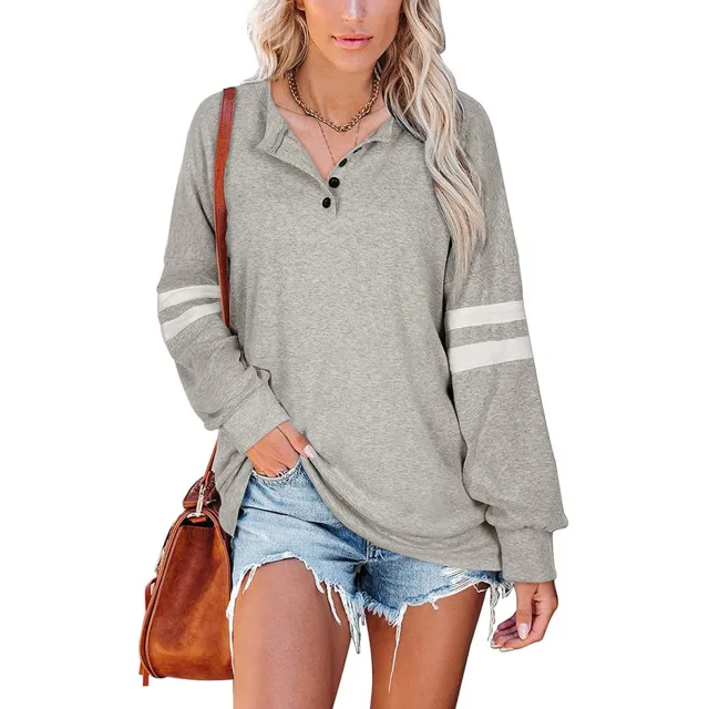 European And American Women's Striped Long sleeved V neck T shirt Sweater Grey - Shop at LoveMi