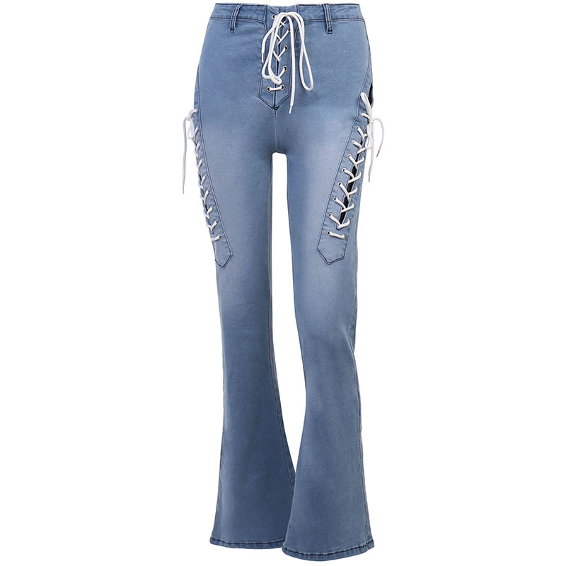 Cutout Statement Strapping Straight Leg Flared Jeans Blue - Shop at LoveMi