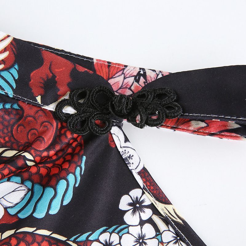 Chinoiserie Printed Halter Neck Buttoned Sexy Navel Crop Top