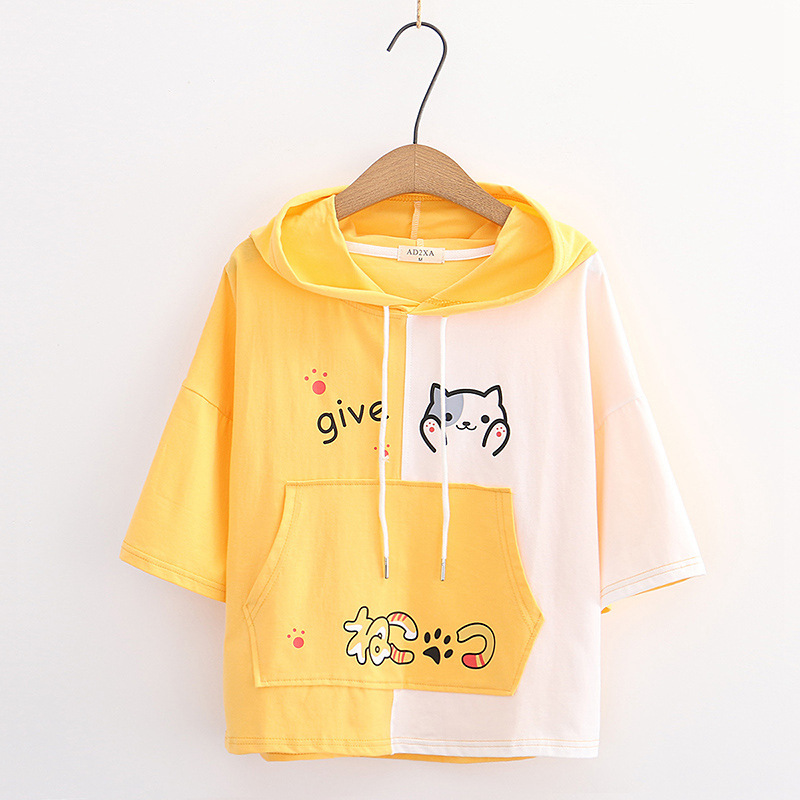 Title 5, Japanese cartoon print loose hooded short sleev...