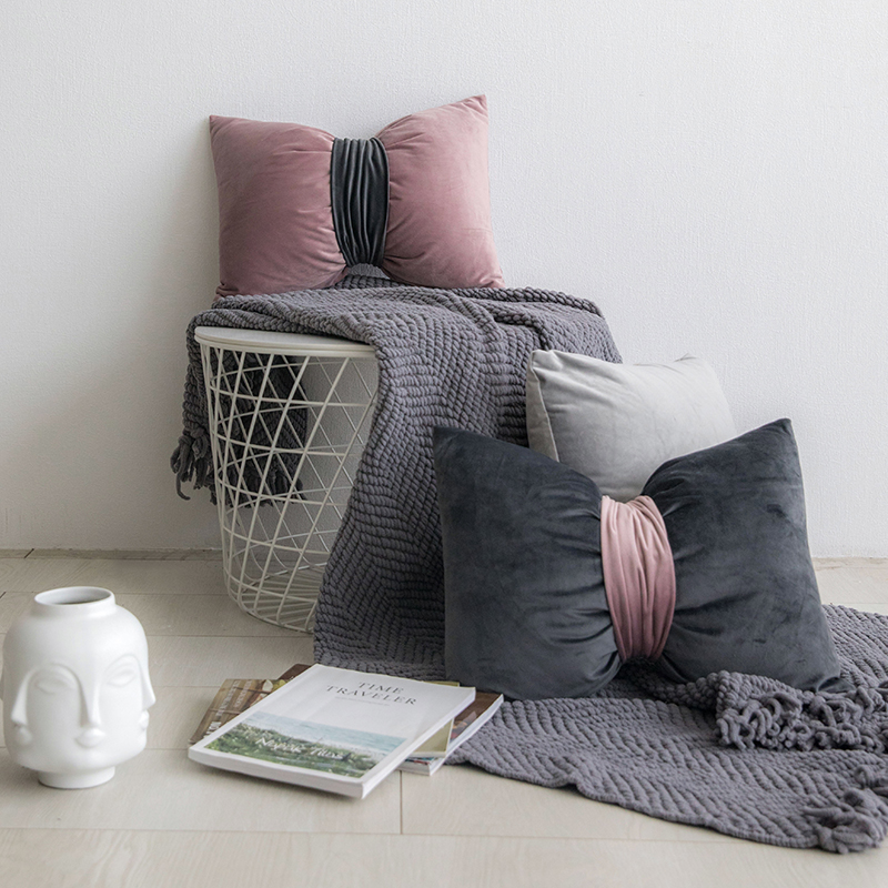 Solid Velvet Bow Sofa Waist Pillow