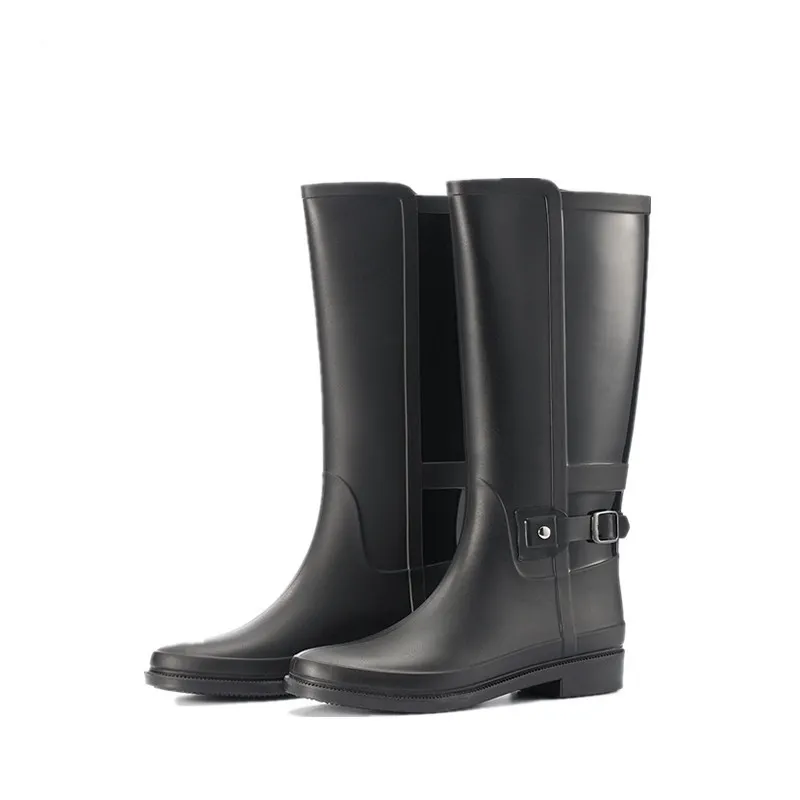 Solid Color Buckle High-top Rain Boots Non-slip - Black