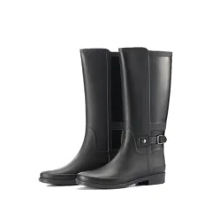 Solid Color Buckle High-top Rain Boots Non-slip - Black - View 1