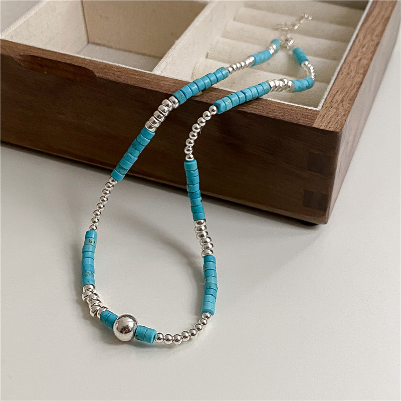 S925 Sterling Silver Turquoise Silver Bead Necklace Handmade