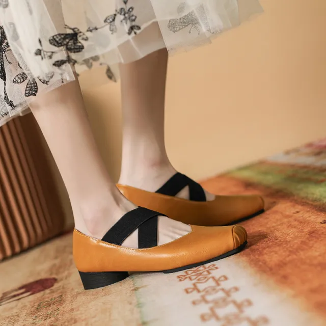Mary Jane Women's Chunky Heel Lace up Ballet Flats Yellow - Shop at LoveMi
