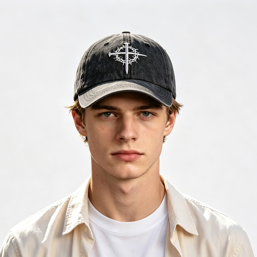2pcs Crown Baseball Cap For Men Women, Crown Of Thorns Nail Cross Embroidery Christian Faith Hat, Adjustable Vintage Cotton Trucker Hat — foto 8