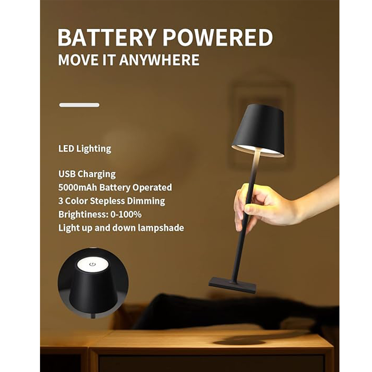 Portable cordless LED table lamp with dimming.
【Cordless Portable Design】 Built-in 5000mAh rechargeable battery, you can use the light while charging. Can be used as an emergency light in case of power outage. Has passed the safety certification. Cordless