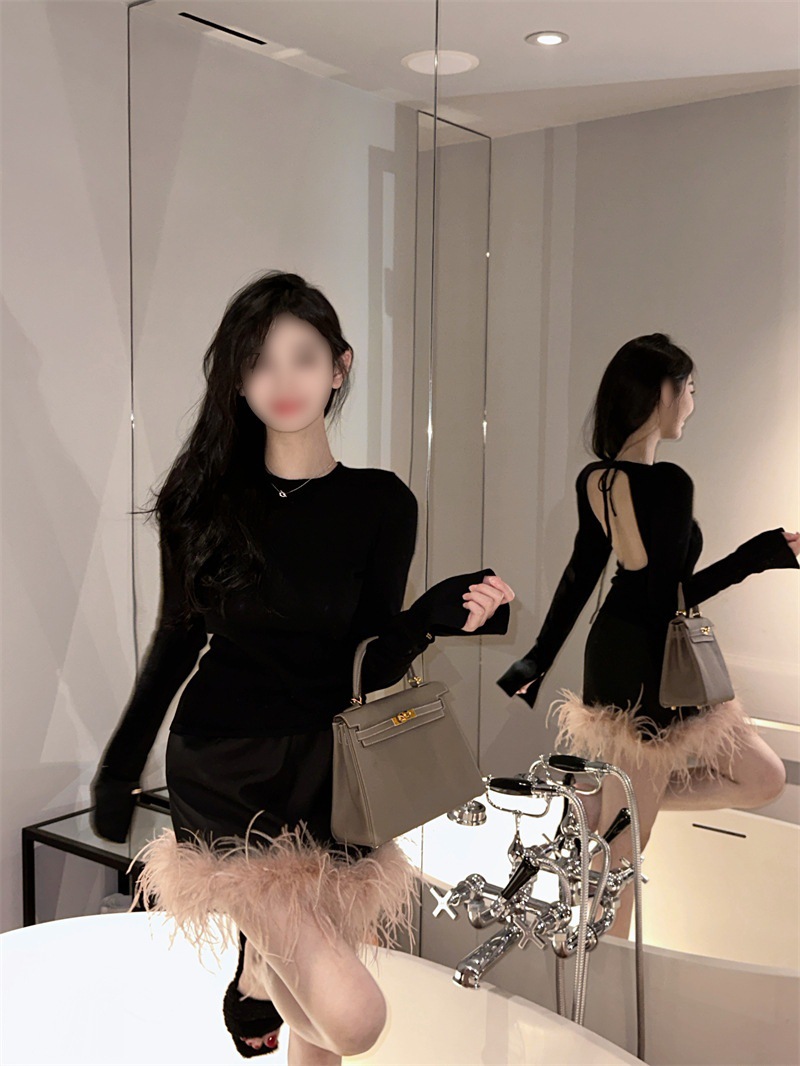 Black Backless Tight Long Sleeve Bottoming Shirt Top