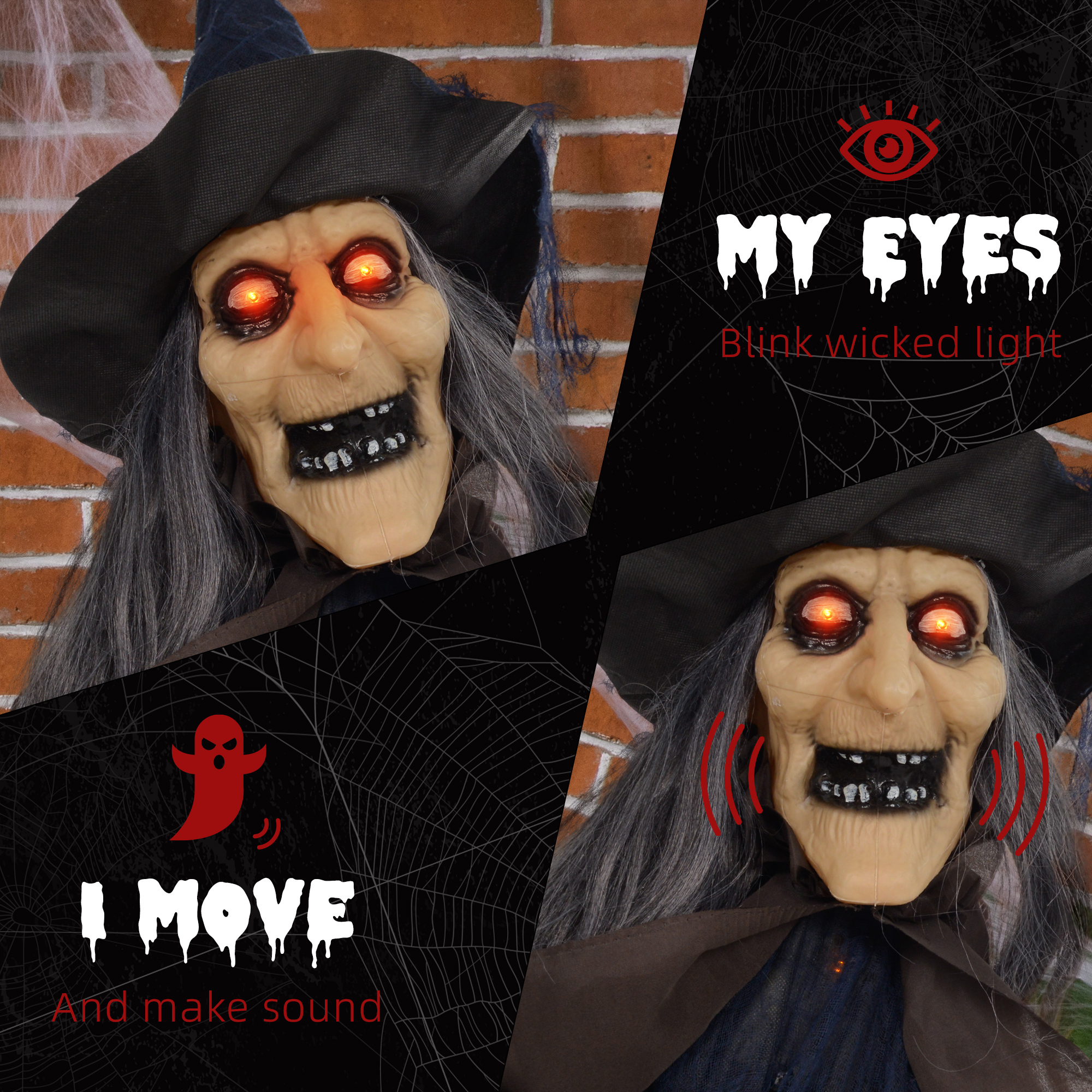 Witch 62, riding a broom, halloween electric doll, eyes