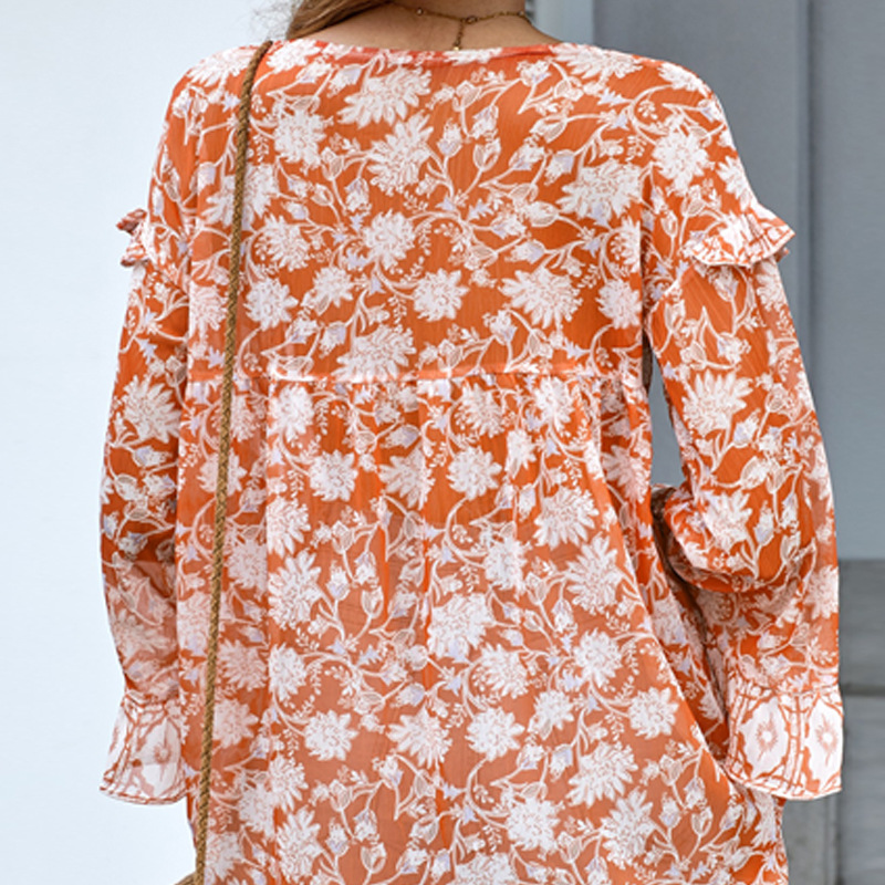 Summer New Bohemian Style Ruffled V-neck Flared Sleeve Top