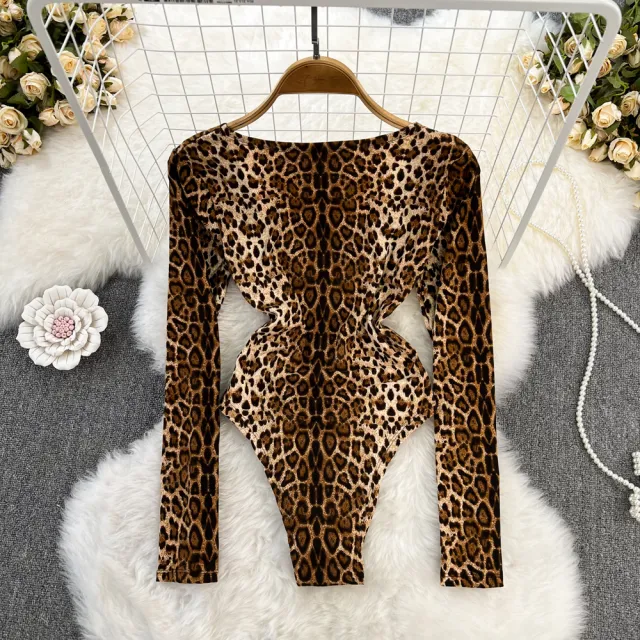 High neck Slim fit Onesie Top Ladies Style T shirt Leopard Print Color - Shop at LoveMi