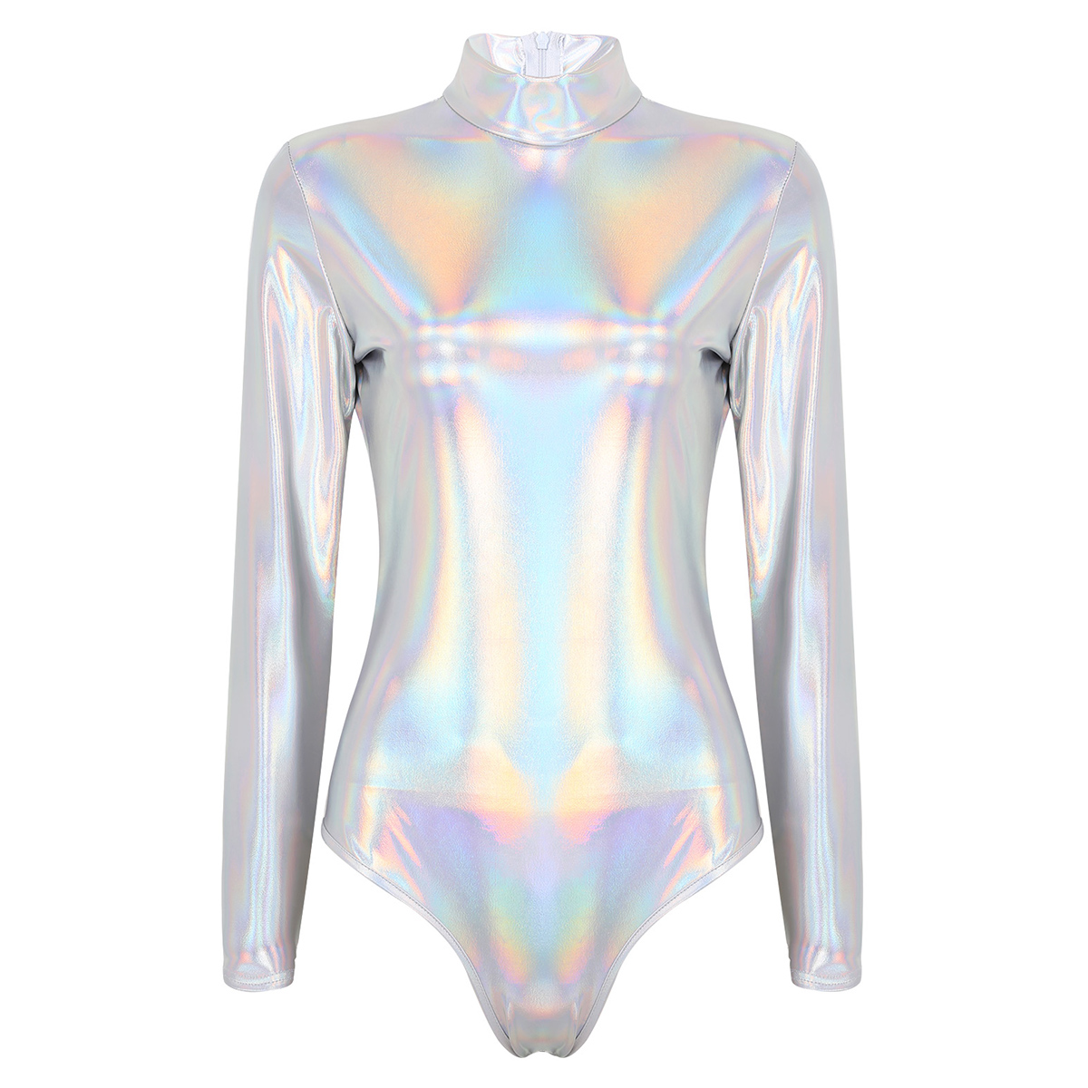 Women's Patent Leather Long Sleeve Zip Bodysuit Silver - Shop at LoveMi