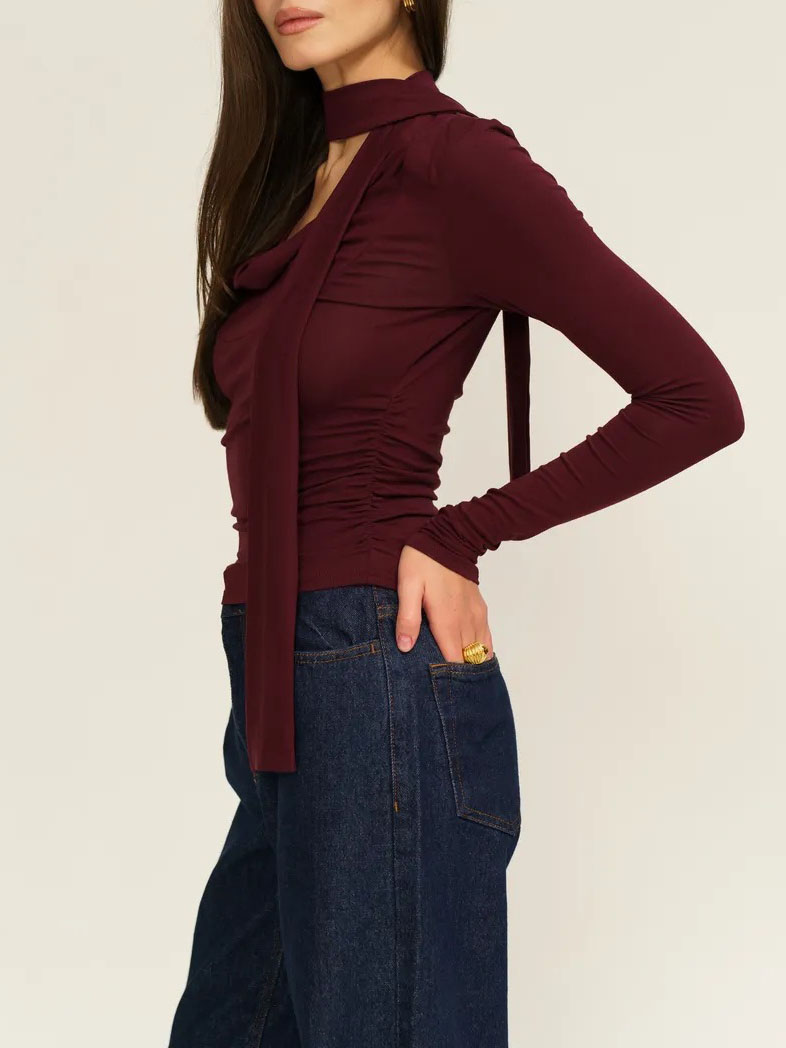 Ribbon V-neck Scarf Long-sleeved Base Shirt - Image 8