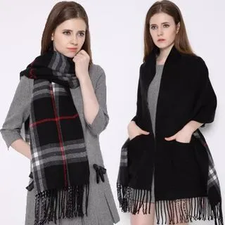 Pocket Scarf Cashmere Fringe Plaid Shawl Black - Shop at LoveMi