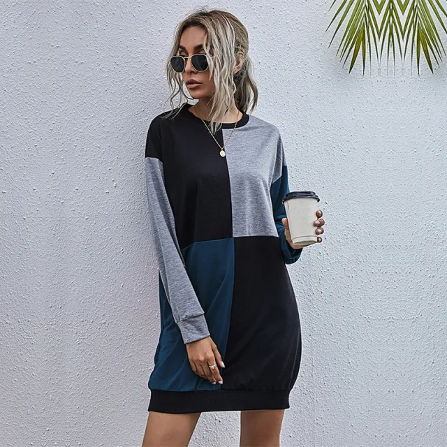 New Splicing Long Sleeve Round Neck Color Contrast Pullover Dress For Women Blue - Shop at LoveMi