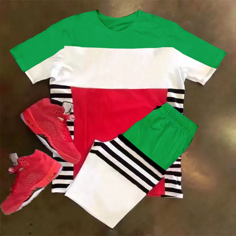 Men's Short Sleeve Sports Casual Fashion Striped Colorblock Suit