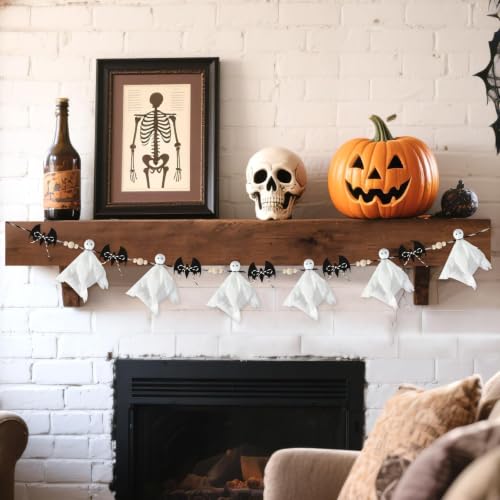 7 Ft Pre-Strung Halloween Ghost Bat Garland, Cute Fabric Ghost Banner With Wooden Beads Rustic Halloween Garlands For Wall Home Office Fireplace Farmhouse Doorway Decorations Supplies