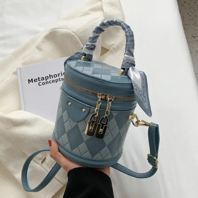 Round Bag Female Bag Ling Lattice Crossbody Bag Portable Bucket Bag Female Blue - Shop at LoveMi