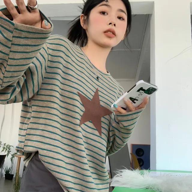 Women's Autumn Vintage Long Sleeve Green Stripe - Shop at LoveMi