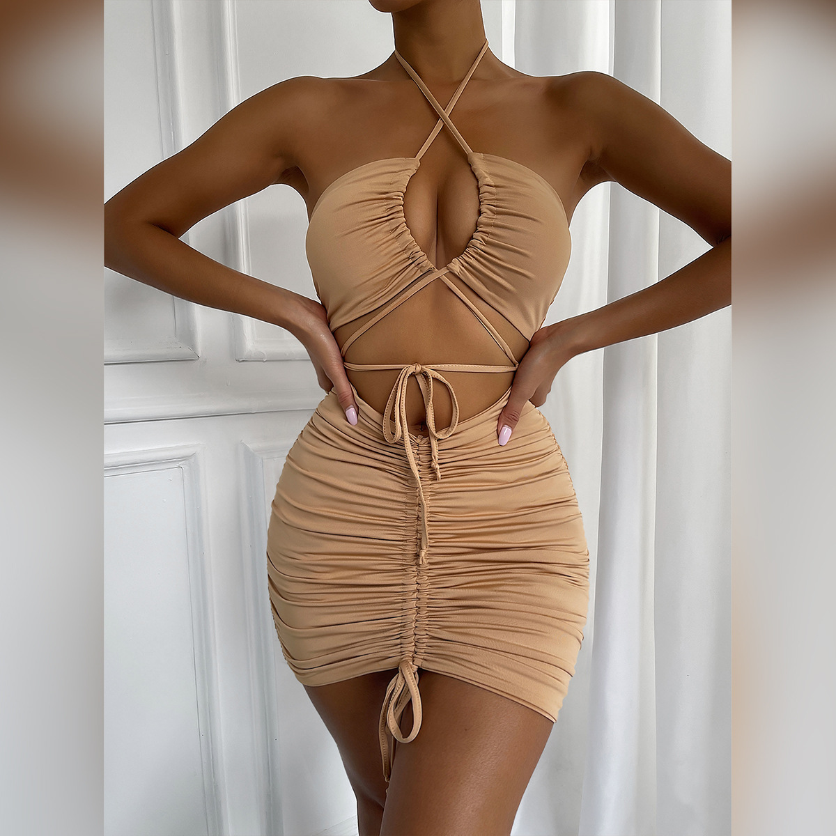 European And American Summer Hollow Strap Pleated Hip Dress