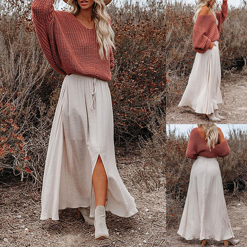 Solid Color Bat Long Sleeve Round Neck Loose Casual Knitted Sweater