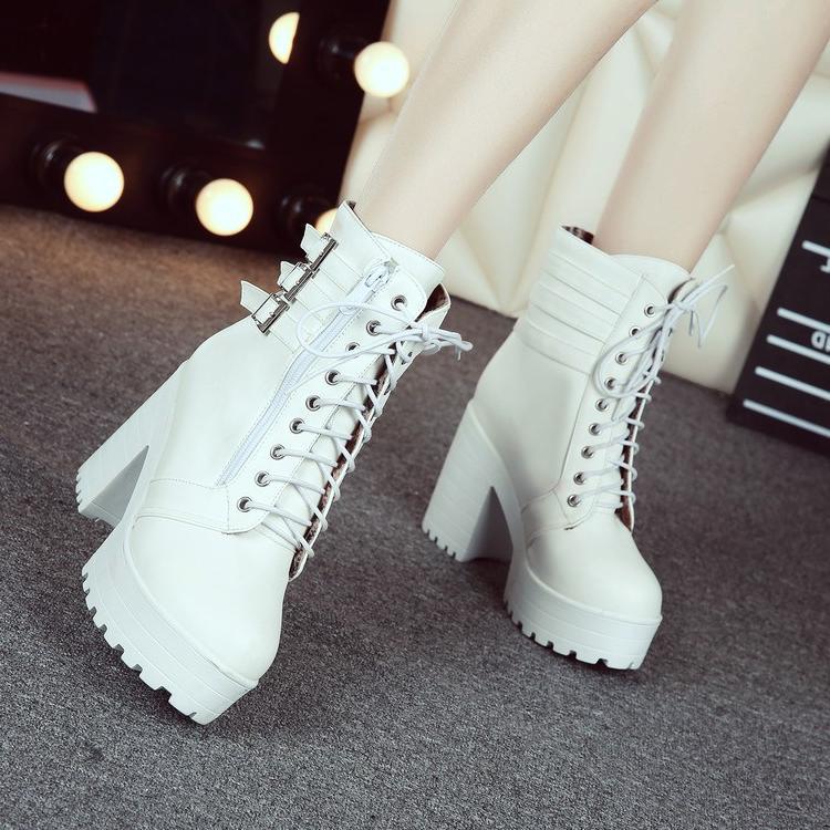 New Round Head Short Tube Boots For Women With Thick Middle Heel White - Shop at LoveMi