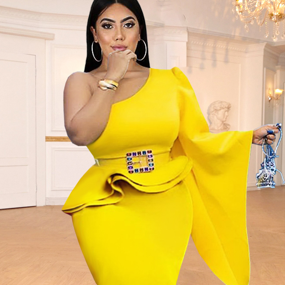 Sloping Shoulder Back Ruffled High Waist Slim Fit Belted Party