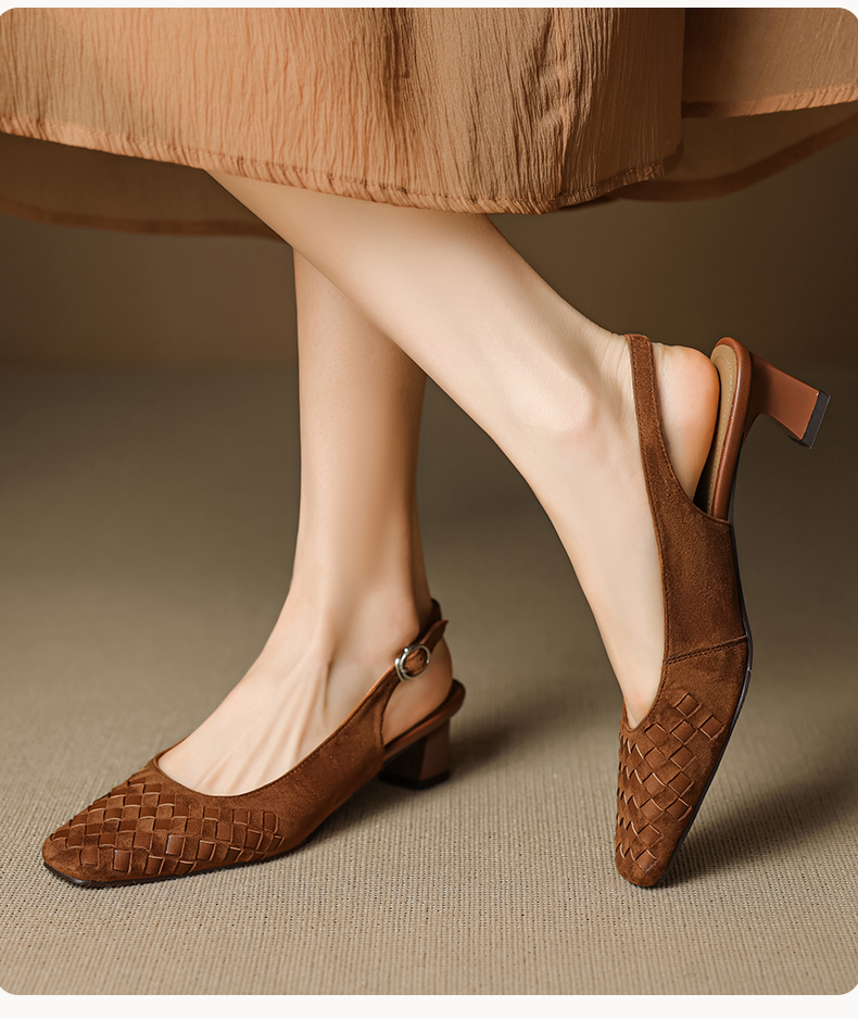 Suede Woven Sandals worn on feet in Khaki – lifestyle shot