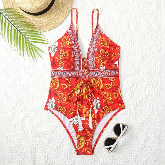 Deep V Tie One Piece Swimsuit Cashew Flower Print Triangle Red - Shop at LoveMi